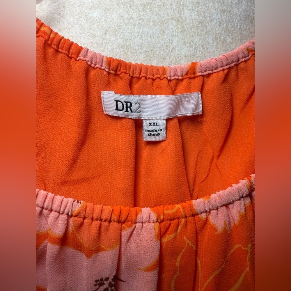 DR2 by Daniel Rainn Sheer Peasant Blouse Orange Pink Flower Design Size XXL - Picture 3 of 7